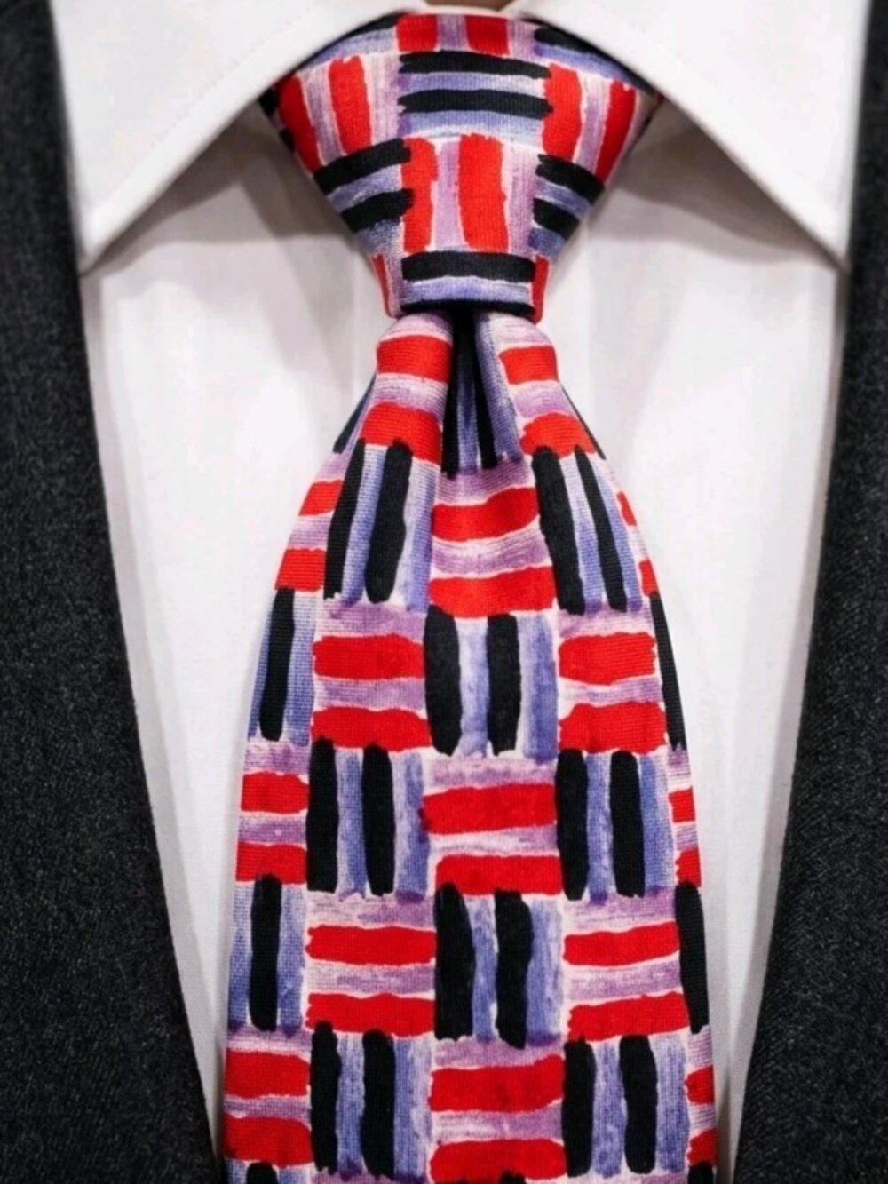 Vtg 90s KARL LAGERFELD Woven Silk Tie Red/Blue/Black Geometric Abstract Grid USA
